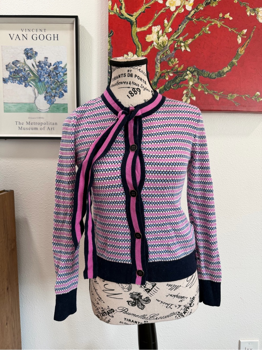 J.Crew Pink Navy Textured Cardigan w Tie Neck Size XS